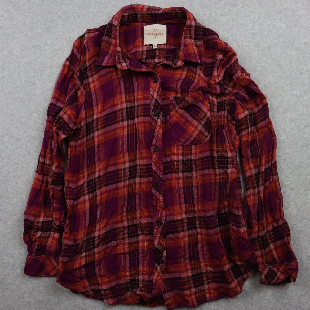 Casa Cabana Flannel Shirt Top Womens Large Pocket Button Up Plaid Long Sleeve